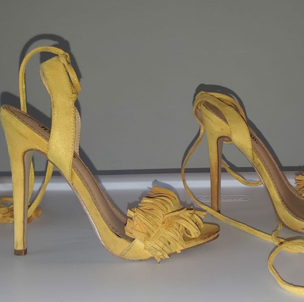 Yellow open toe heels
